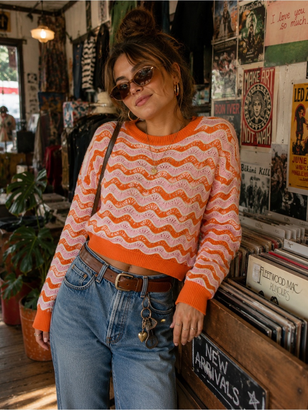 H&M Orange and Pink Wavy Stripe Cropped Sweater